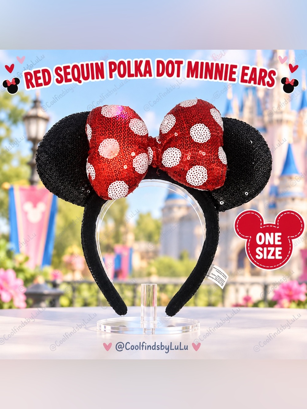 Black Sequin Minnie Ears with Red Sequin Polka Dot Bow that lights up – One Size